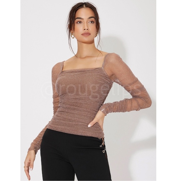 Lurex Sheer Mocha Brown Tan Long Sleeve Square Neck Ruched Tee Top Shirt - Picture 5 of 9